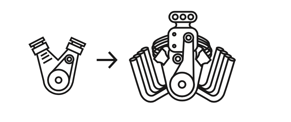 A smaller engine becomes a larger engine, illustrating how aerobic training builds endurance.